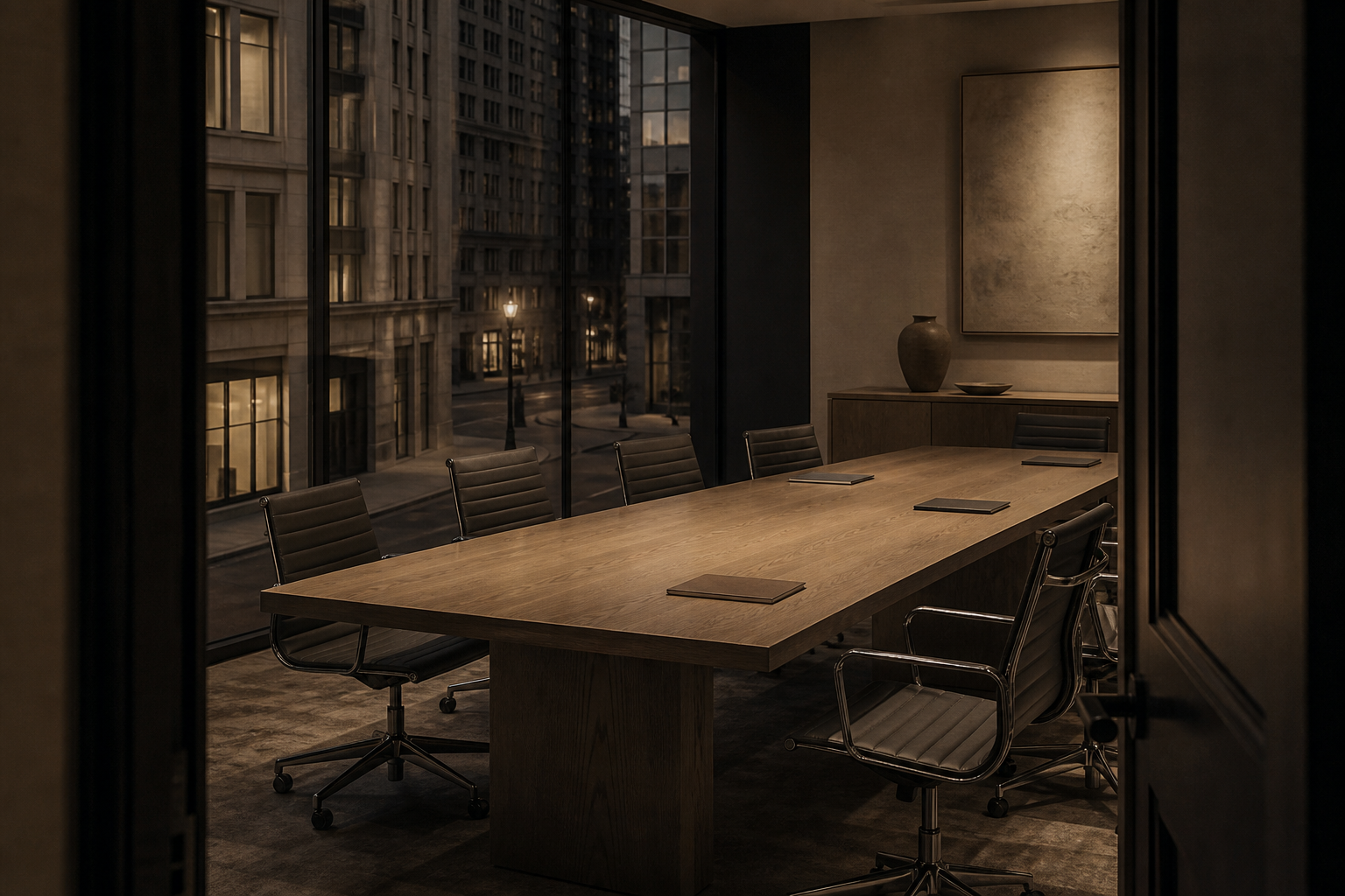 A quiet conference room at dusk, photographed in muted warm tones.